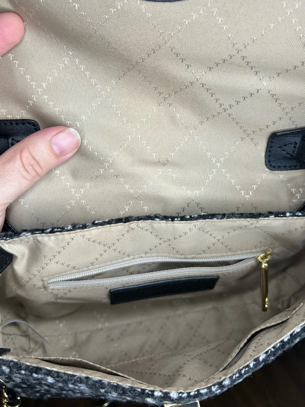 Talbots Twisted Tweed Black Gray Wool Blend Crossbody Bag Gold Chain